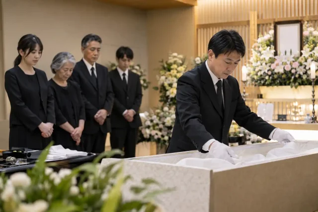 納棺師が故人のお見送りを丁寧に準備している場面