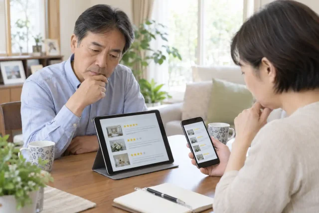 よりそうお葬式の口コミや評判を確認する夫婦のイメージ