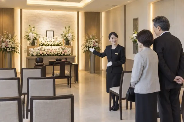 直営の家族葬式場を見学する夫婦のイメージ