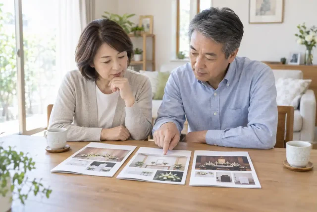 50〜60代夫婦が複数の葬儀資料を比較